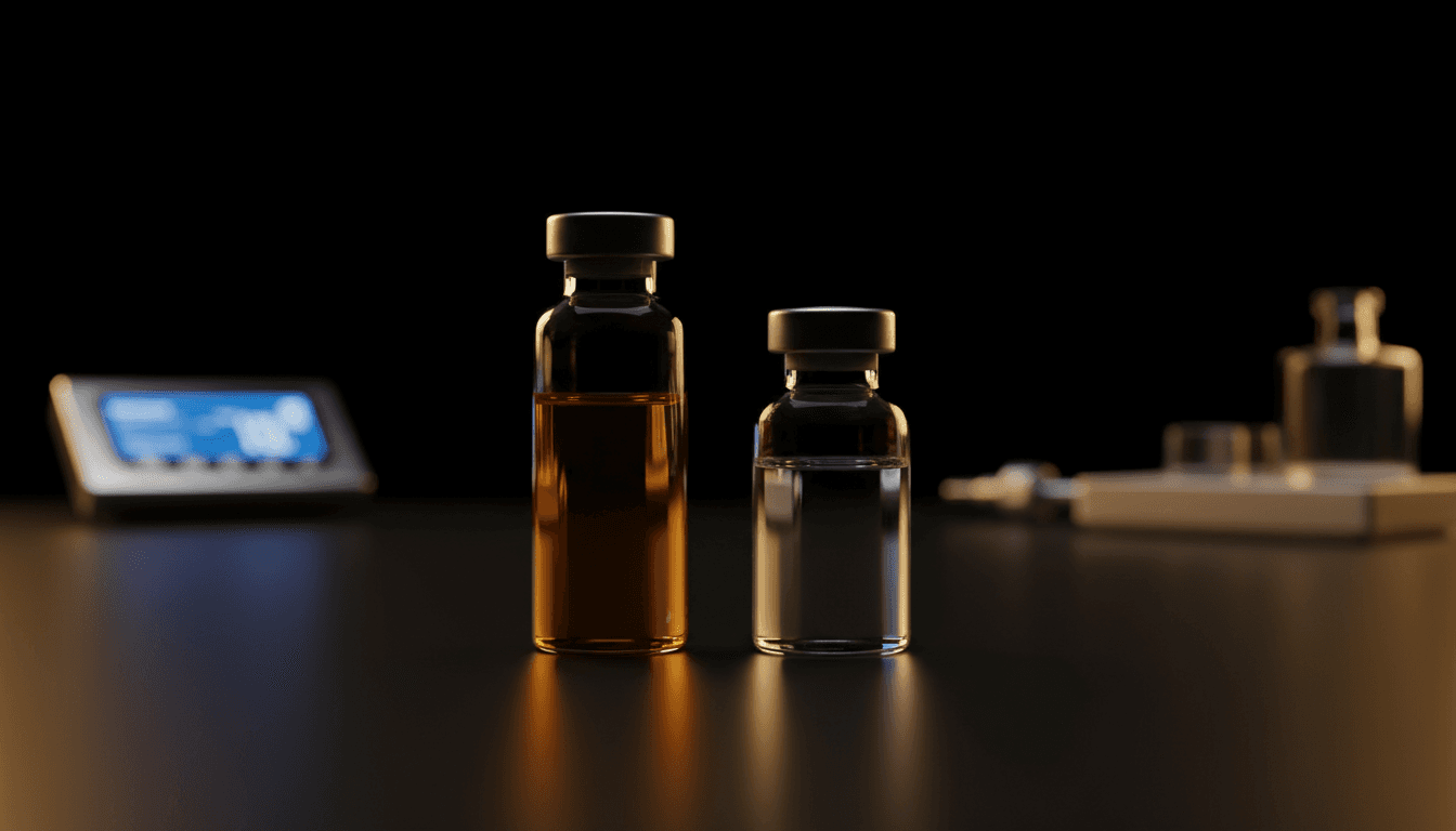 Two pharmaceutical vials compared side-by-side on a black surface with warm gold accent lighting, representing retatrutide and semaglutide weight loss medications