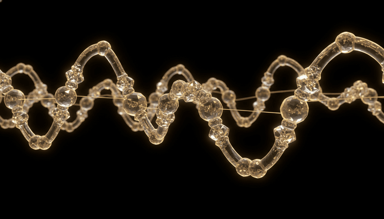 Macro photography of glowing peptide molecules and amino acid chains with golden highlights on a black background