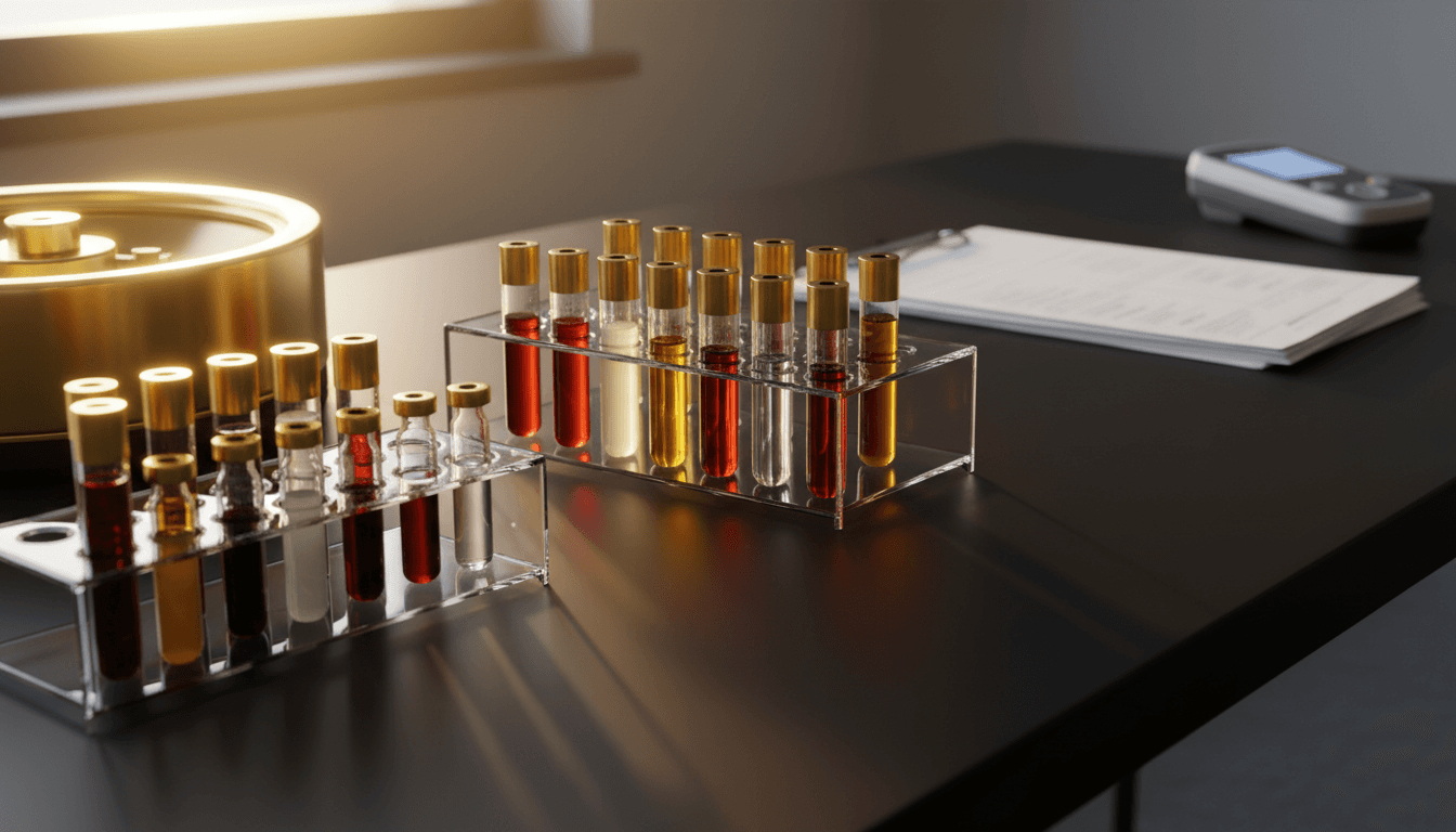 Laboratory blood samples and medical testing equipment on a dark surface with warm gold lighting