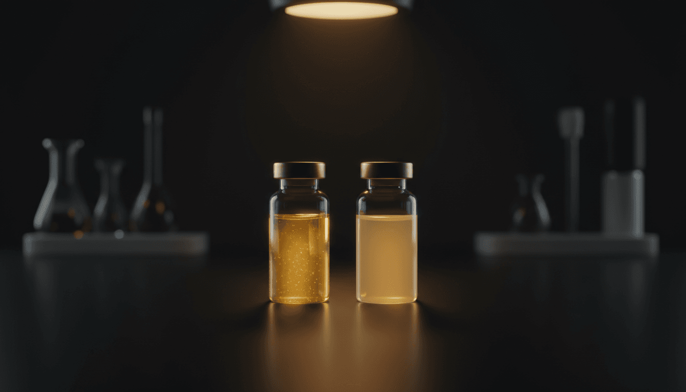 Two clinical vials containing different weight loss medications side by side, with golden lighting emphasizing the comparison between treatments